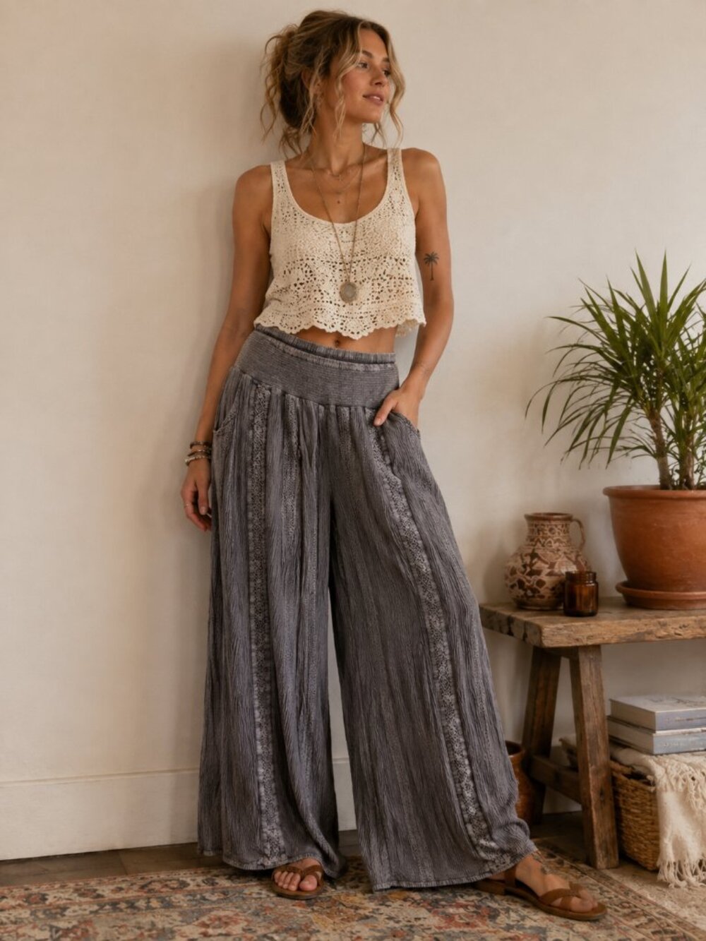 Studio West Gray Boho Wide Leg Pants Crochet Lace Crinkle Pull On M